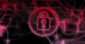 Glowing neon red padlock icon securing digital interface, with concentric rings and network lines Royalty Free Stock Photo