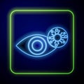 Glowing neon Reddish eye due to virus, bacterial or allergic conjunctivitis icon isolated on blue background