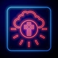 Glowing neon Religious cross in the circle icon isolated on black background. Love of God, Catholic and Christian symbol