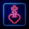 Glowing neon Religious cross in the heart inside icon isolated on black background. Love of God, Catholic and Christian