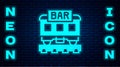 Glowing neon Restaurant train icon isolated on brick wall background. Vector