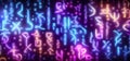 Glowing neon runes symbols in blue and purple colors on dark background