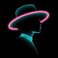 Glowing neon 80s silhouette of person in hat on dark background Royalty Free Stock Photo