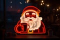 Christmas Glowing Neon Santa Claus coffee cup dark background, AI Generated