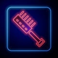 Glowing neon Sauna brush icon isolated on black background. Wooden brush with coarse bristles for washing in the bath