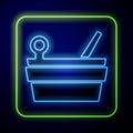 Glowing neon Sauna bucket and ladle icon isolated on blue background. Vector