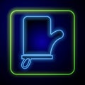 Glowing neon Sauna mittens icon isolated on blue background. Mitten for spa. Vector