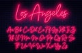 Glowing neon script alphabet. Neon font with uppercase and lowercase letters. Handwritten english alphabet