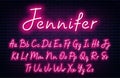 Glowing neon script alphabet. Neon font with uppercase and lowercase letters. Handwritten english alphabet Royalty Free Stock Photo
