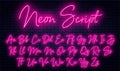 Glowing neon script alphabet. Neon font with uppercase and lowercase letters. Handwritten english alphabet