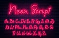 Glowing neon script alphabet. Neon font with uppercase and lowercase letters. Handwritten font script. English alphabet with neon Royalty Free Stock Photo