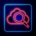 Glowing neon Search cloud computing icon isolated on blue background. Magnifying glass and cloud. Vector Royalty Free Stock Photo