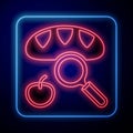 Glowing neon Searching for food icon isolated on black background. Homelessness and poverty concept. Vector