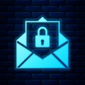 Glowing neon Secure mail icon isolated on brick wall background. Mailing envelope locked with padlock. Vector