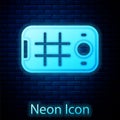 Glowing neon Selfie on mobile phone icon isolated on brick wall background. Vector Royalty Free Stock Photo