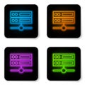 Glowing neon Server, Data, Web Hosting icon isolated on white background. Black square button. Vector Royalty Free Stock Photo