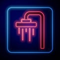 Glowing neon Shower head with water drops flowing icon isolated on black background. Vector Royalty Free Stock Photo