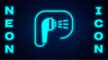 Glowing neon Shower head with water drops flowing icon isolated on brick wall background. Vector Royalty Free Stock Photo