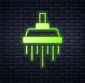 Glowing neon Shower head with water drops flowing icon isolated on brick wall background. Vector Royalty Free Stock Photo