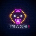 Glowing neon sign of baby girl birth celebration. Newbaby birthday congratulations signboard