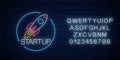 Glowing neon sign of business project startup with alphabet. Business fast start symbol flying rocket in neon style