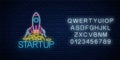 Glowing neon sign of business project startup with alphabet. Business symbol flying rocket starting in neon style