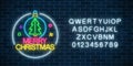 Glowing neon sign with christmas tree in christmas ball and alphabet. Christmas symbol web banner in neon style. Royalty Free Stock Photo