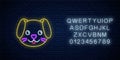 Glowing neon sign of cute dog in kawaii style with alphabet. Cartoon happy smiling puppy in neon style