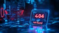 Bright neon 404 error sign with page not found message on digital background Royalty Free Stock Photo