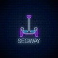 Glowing neon sign of electric segway. Two-wheeled gyroscooter transport. Vector illustration. Self-balancing hoverboard