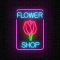 Glowing neon sign of floral shop in rectangle frame. Design of flower store signboard with tulip.