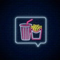 Glowing neon sign of french fries and soda drink in message notification frame. Food and drink symbol in speech bubble Royalty Free Stock Photo