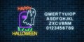 Glowing neon sign of halloween banner design with ghost from grave and alphabet Bright halloween night scary wraith sign