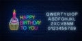 Glowing neon sign of happy birthday card with cake and candle with alphabet. Birthday cake celebration symbol