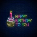 Glowing neon sign of happy birthday card with cake and candle. Birthday cake celebration symbol in neon style