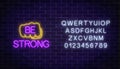 Glowing neon sign of human fist with wish to be strong with alphabet. Friend support in difficult situation