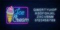 Glowing neon sign of ice cream with cherry and alphabet. Fruit ice-cream in waffle cone Royalty Free Stock Photo