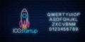 Glowing neon sign of ICO project startup with alphabet. Business fast start symbol as a flying rocket in neon style