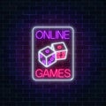 Glowing neon sign of online casino application with dice symbol in rectangle frame. Casino bright signboard. Royalty Free Stock Photo