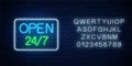 Glowing neon sign of open 24 hours 7 days a week store in geometric shape with alphabet. Vector illustration Royalty Free Stock Photo