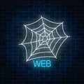 Glowing neon sign of spyder web banner design. Bright halloween night scary sign neon style.
