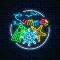 Glowing neon sign of summer begin party with sea star, flippers and handwheel in circle frame