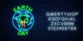 Glowing neon sign of world earth day with tree in globe symbol and alphabet. Earth day neon banner