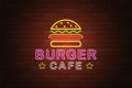 Glowing neon signboard burger cafe vector illustration