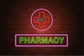 Glowing neon signboard pharmacy vector illustration