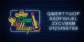 Glowing neon sinco de mayo holiday sign with alphabet. Mexican festival flyer design with guitar, maracas and sombrero Royalty Free Stock Photo