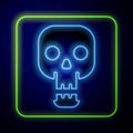 Glowing neon Skull icon isolated on blue background. Happy Halloween party