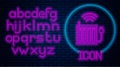 Glowing neon Smart heating radiator system icon isolated on brick wall background. Internet of things concept with Royalty Free Stock Photo