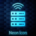 Glowing neon Smart Server, Data, Web Hosting icon isolated on brick wall background. Internet of things concept with Royalty Free Stock Photo