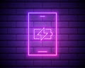 Glowing neon Smartphone charging battery icon isolated on brick wall background. Phone with a low battery charge. Vector Royalty Free Stock Photo